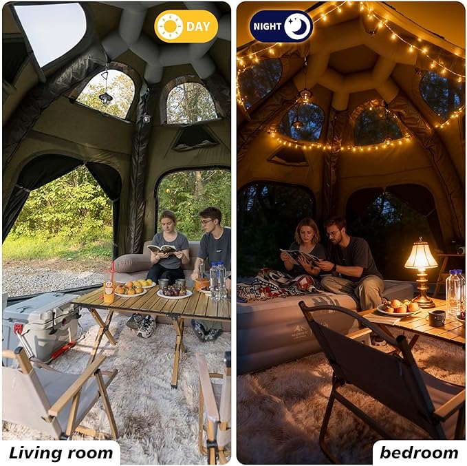 Inflatable Camping Tents 8-10 Person,129 Square Feets Large Inflatable Camping Tent with Stove Jack,Blow up Tent with Mesh Windows & Pump