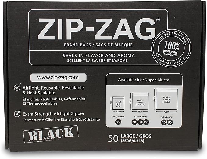 Zip Zag Bag Black (1/2 LB) 50x Large Zipper Bags (11" x 11.75") | Say Goodbye to Stale Herbs And Spices With Food Safe Zipper bags | Resealable, Reusable, Washable, Airtight Bags