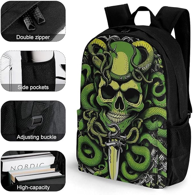 Supdreamc Men Women Lightweight Medusa Skull Green Snake Art Daypack Bookbag Big Capacity Carry On Bag With Side Pockets for Camping Travel Bicycle