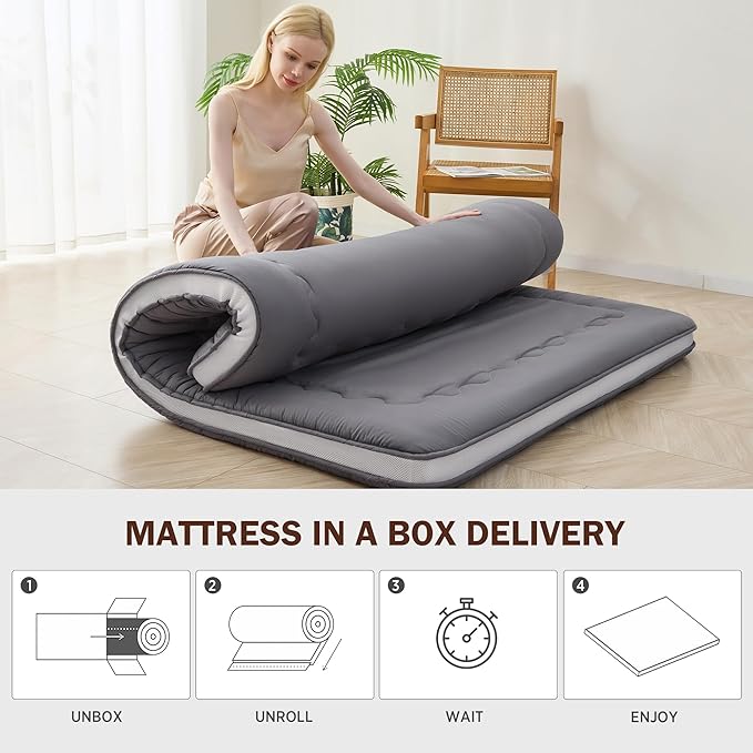 Japanese Floor Futon Mattress Full Size, 4" Thicken Foldable Mattress Tatami Mat Sleeping Pad, 32D Foam Filled Traditional Shiki Futon (shikibuton), Designed in Japan (Grey 54"x 80")