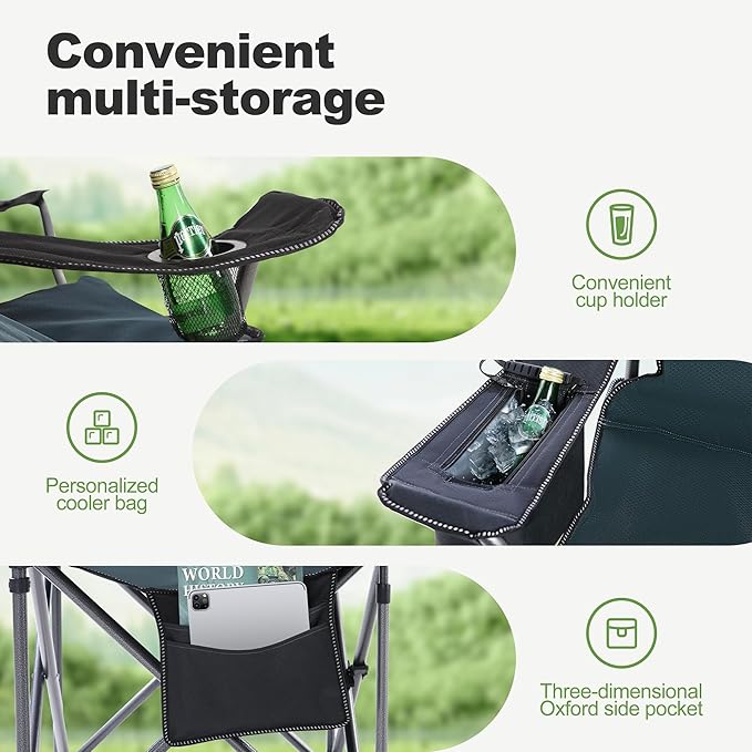 LET'S CAMP Oversized Folding Camping Chair Portable Outdoor Heavy Duty Padded Chairs Lawn Chair with Cup Holder, Storage Pocket and Cooler Bag, Supports 450LBS, for Camp, Travel, Picnic (Green)