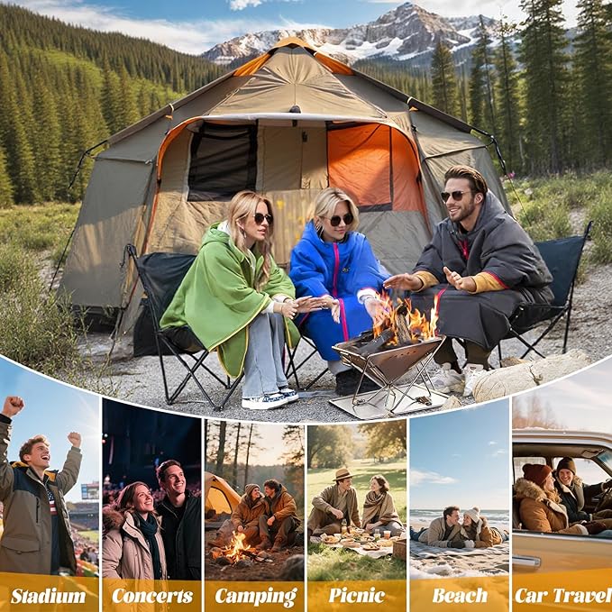 Hooded Poncho Blanket, Wearable Camping Blankets, Large Stadium Poncho Windproof & Water-Repellent, 75 * 55 inch, Portable & Warm, for Outdoor, Sports, Concerts, Travel, Picnic, Car, Survival, Hunting