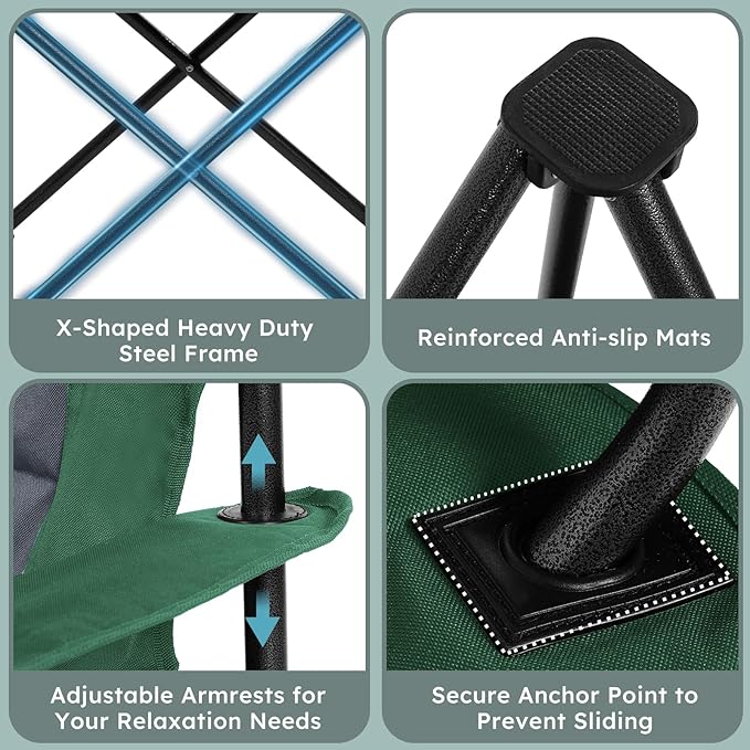 Oversized Camping Chairs 2 Pack - 450lbs Support Heavy Duty Folding Camp Chair Wide Portable Outside Collapsible Chairs with Carry Bag,Cooler,Cup Holder for Outdoor,Lawn,Sports,Baseball,Soccer-Green