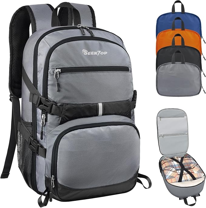 Seektop Lightweight Travel Backpack for Men Women, Multiple Pockets 40L Hiking Backpack Foldable Carry on Backpack (Gray)