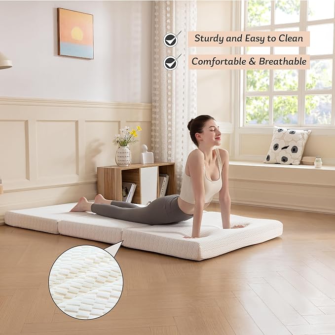 MLILY Foldable Mattress, 4 Inch Full Tri Fold Memory Foam Mattress Topper, Floor Bed with Washable Cover for Camping, RV Travel and Guest Sleeping Mat, 75"×54"×4", White