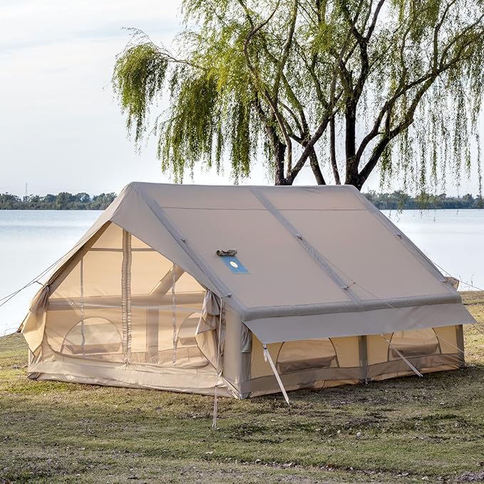 Inflatable Camping Tent with Hand Pump Waterproof Outdoor Blow up Tent 2-8 Person Oxford 4 Season Glamping Air Tent Cabin House with Mesh Windows & Door