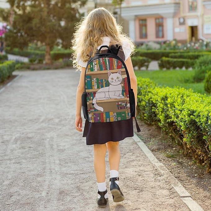 Backpack Polyester Multipurpose Anti-Theft Nerd Book Lover Kitty Sleeping Over Bookshelf In Library Shoulder Bag Big Capacity Gym Outdoor Hiking Backpack With Padded Straps