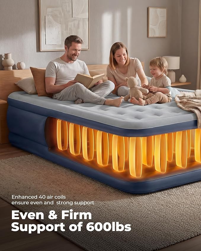 Queen Air Mattress with Built in Pump,18" Raised Blow up Air Bed,3 Mins Quick Self-Inflation/Deflation, Inflatable Mattress for Camping/Home/Guests/Travel (Navy Blue)