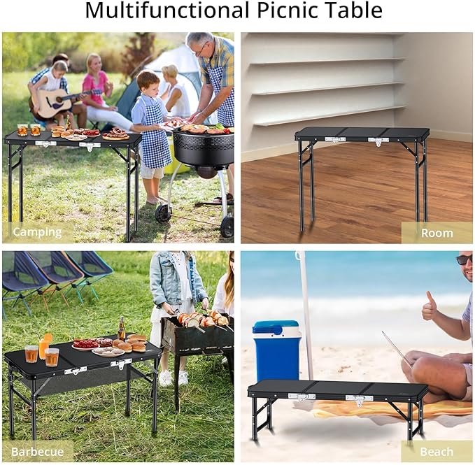 Folding Camping Table with Storage Net, 3ft Camping Table Aluminum Folding Table with 3 Adjustable Height Max 27.5 Inch Picnic Table Portable Table for Outdoor Backyard BBQ, Pure Black