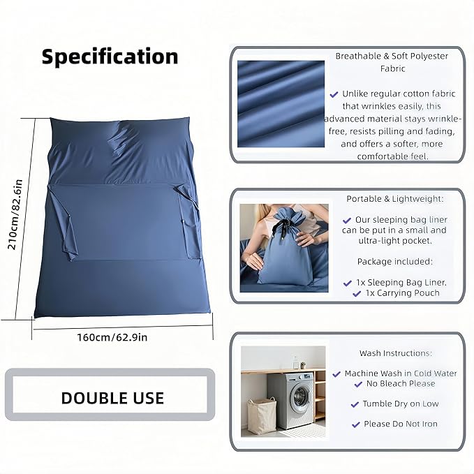 Sleeping Bag Liner for Adults, Lightweight Travel Sleep Sack with Carry Bag, Compact Portable Sleeping Sheet for Camping, Hiking, Hostels, Hotels and Backpacking