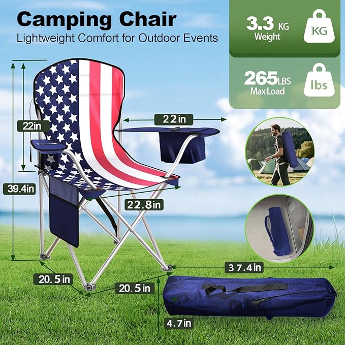 Folding Camping Chairs Durable 600D Oxford, Portable Outdoor Chair with Cooler Pouch, Cup Holder & Storage Pocket for Camping, Beach, Fishing