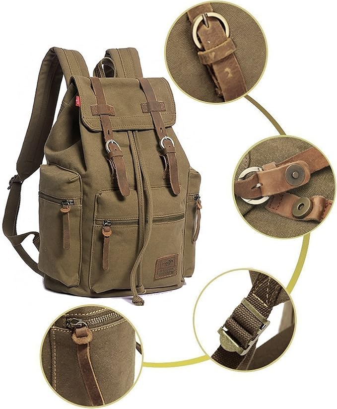 HuaChen Vintage Canvas Travel Backpack with Leather Trim, Laptop Padded Sleeve, Hidden Back Security Pocket, Fits 14-Inch, M32 Brown