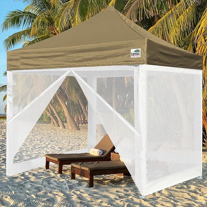 Eurmax USA 10'x10' Pop-up Canopy Tent Commercial Instant Canopies with 4 Removable Zipper End Screen Wall kit and Roller Bag, Bonus 4 SandBags(Khaki)