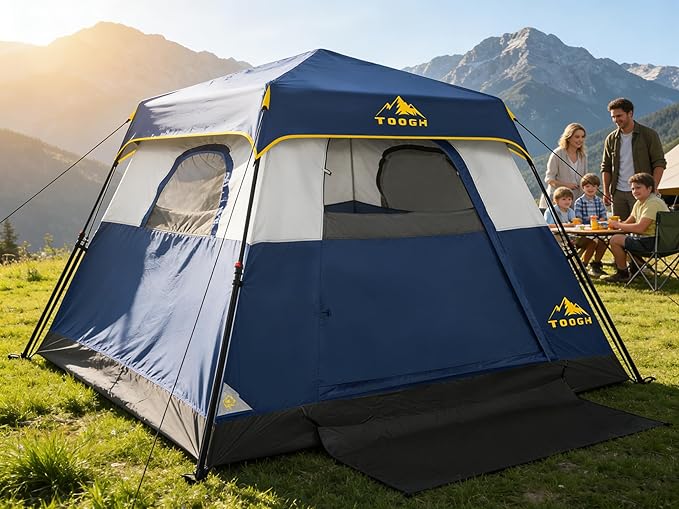 3/4 Person Camping Tent with 1 Door, 4 Windows, and Upgraded Ventilation– Instant Setup, Waterproof, 8'x 8'x 67''Oxford Fabric Floor Pop Up in 60 Seconds Includes Rainfly and Backpack