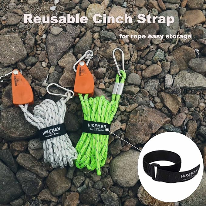 Hikeman Camping Rope with Ratchet Pulley,Quick Setup Outdoor Guy Lines Adjustable Tent Tie Downs Rope Hanger for Canopy,Kayak and Canoe,Grow Light (Black)