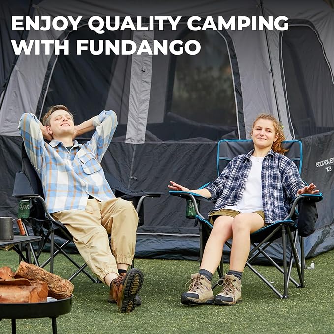 FUNDANGO Oversized Camping Chair for Adults, 2 Pack, Heavy Duty Foldable Portable Lawn Chair with Padded Seat & Back, Lumbar Support, 4-can Cooler & Cup Holder, Carry Bag Included for Outdoor (Black)