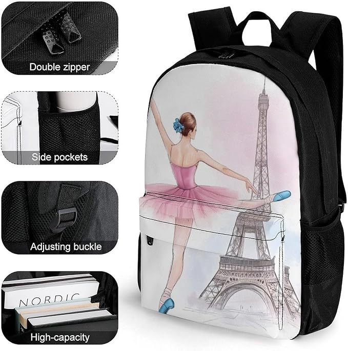 Daypack Backpack Polyester Multipurpose Anti-Theft Ballet Dancer Ballerina Eiffel Tower Shoulder Bag Big Capacity Gym Outdoor Hiking Backpack With Smooth Zippers