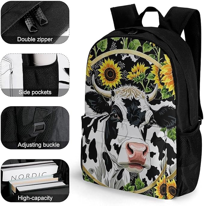 Supdreamc Lightweight Rucksacks for Climbing Outdoors Walking Cycling, Large Capacity Anti-Theft Multipurpose Carry On Bag, Farm Cow Sunflower Print Camping Outdoor Backpack