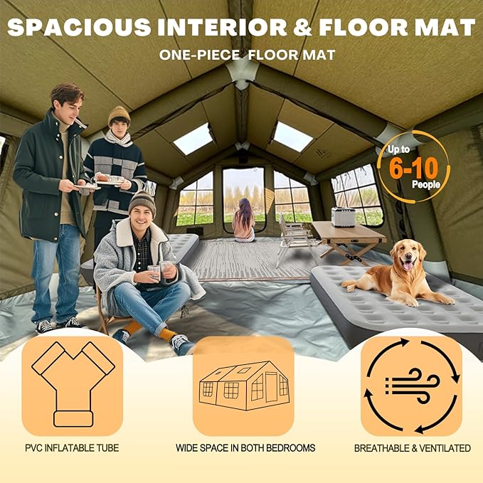 Inflatable Tent, Outdoor Easy Setup Inflatable Tents for Camping, Portable Blow Up Tent with Stove Jack, Cotton Canvas Material for Glamping, for 4 Season, 4/6/8/10 Person Use