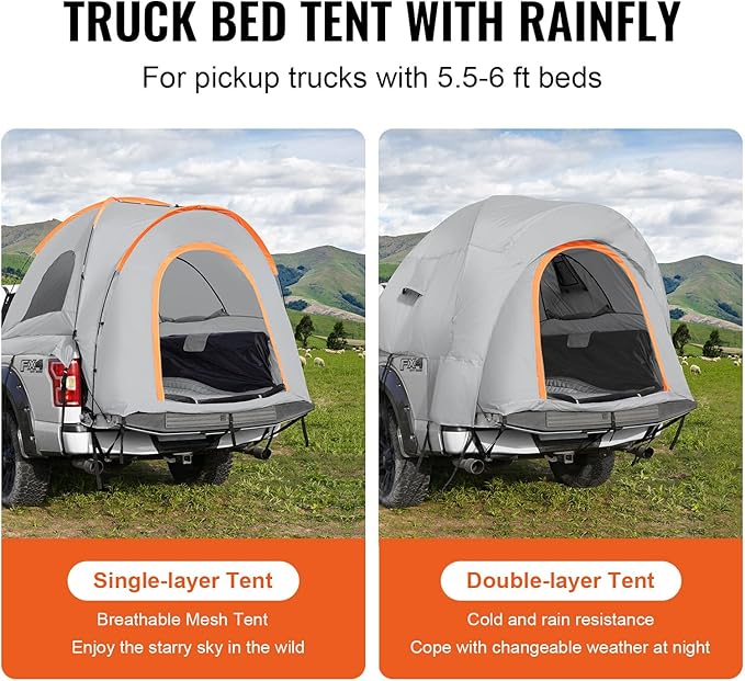 Happybuy Truck Bed Tent, 5.5'-6' Pickup Truck Tent with Rain Cover and Carry Bag, Waterproof PU2000mm Double Layer for Camping, Accommodating 2-3 People, Ideal for Camping Travel