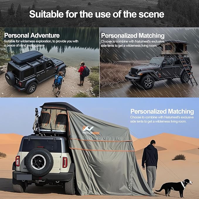 Naturnest Hard Shell Single Roof Tent, 2 Door ABS Roof Tent with 3-Color LED Lights and Built-in USB Plug for Vans, Jeeps, SUVs and Trucks