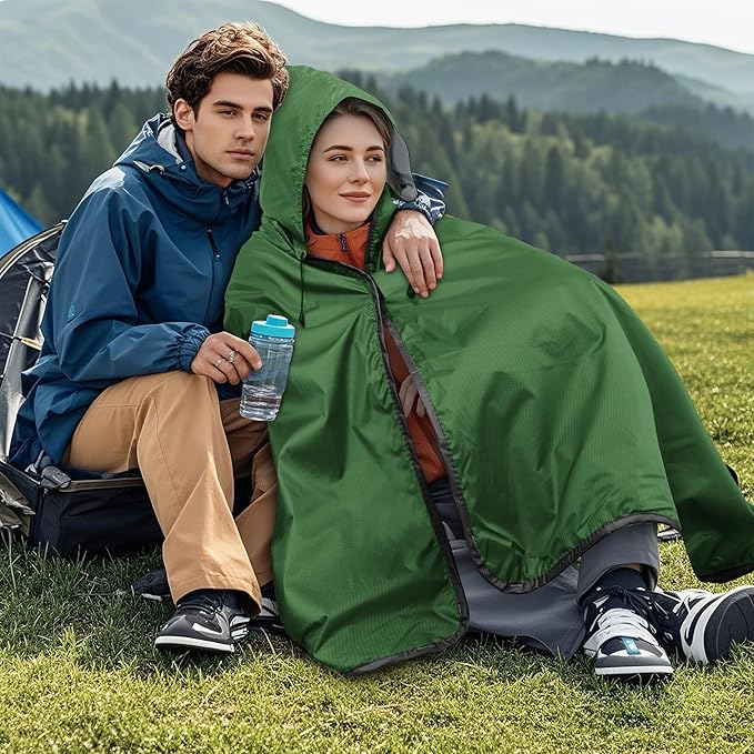 Fleece Waterproof Outdoor Blanket - Windproof Stadium Blanket for Camping, Picnics, and Sports Stay Dry and Comfortable 80"x 58"(Hoodeed, Green)