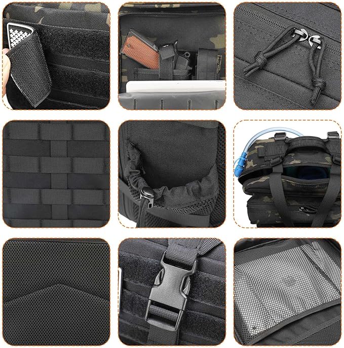 Tactical Gun Backpack for Men, 45L Military Backpack with Holster of Handguns, Bug Out Bag Army Molle Daypack 3-Day Pack W.Side Pocket for Gym Camping Hiking Trekking(Black)