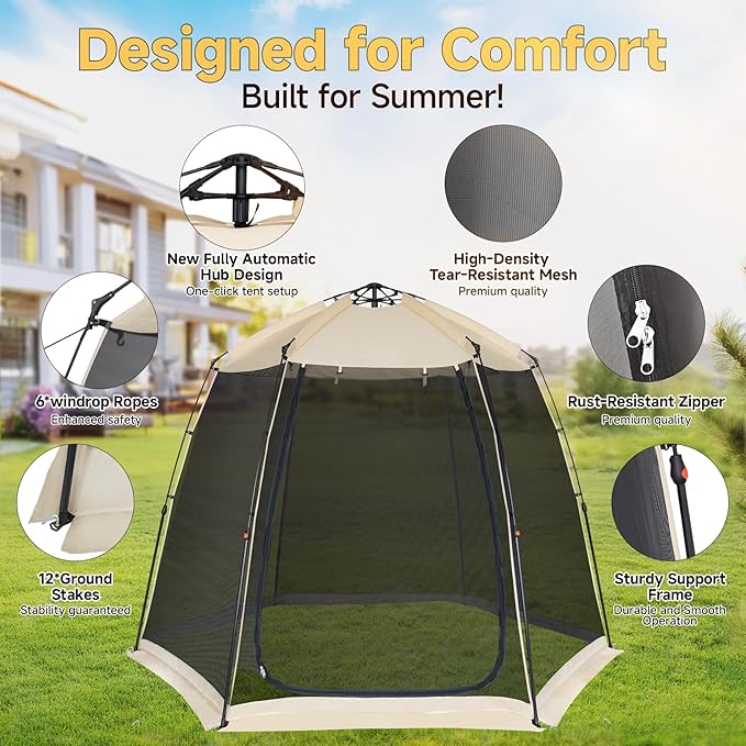 EighteenTek Screen House Gazebo, 2-4-6 Person Pop Up Screen Tent, Instant Screen Room with Carry Bag, Outdoor Mosquito Tent Pop-Up, Sun Shade Shelter for Patio, Garden, Backyard, Deck