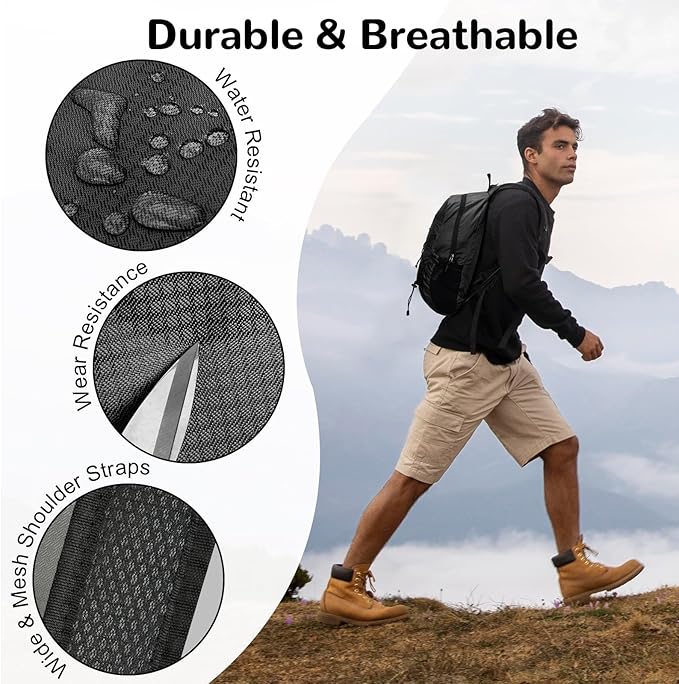 Small Foldable Nylon Hiking Backpack for Men, Ultralight Collapsible Backpack for Travel, Black
