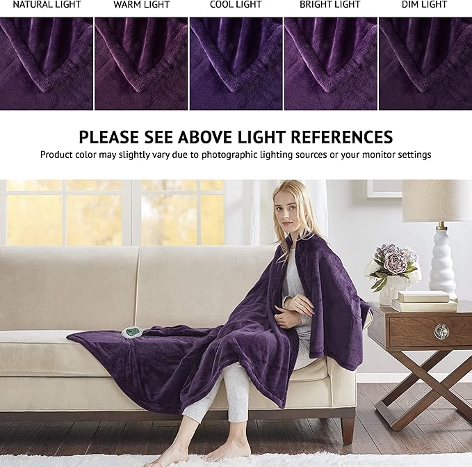 Beautyrest Heated Electric Blanket for Cold Weather, Fast Heating Heated Blanket, Auto Shut Off, Virtually Zero EMF, Multi Heat Setting, UL Certified, Purple Throw (60 inx70 in)