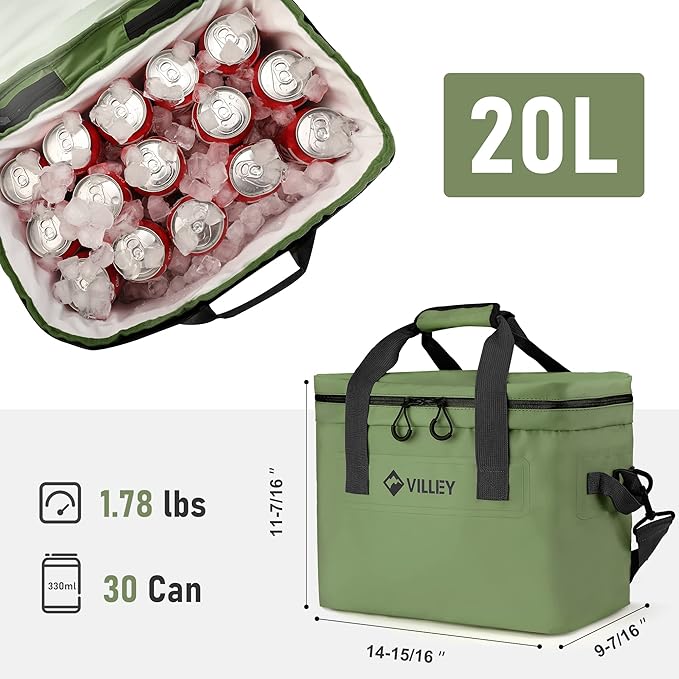 VILLEY Cooler Bag, 30 Cans Insulated Soft Cooler Bag, Large Beach Cooler with Removable Shoulder Strap, Keep Cold/Keep Fresh/Keep Warm, Portable Soft Sided Cooler for Camping Trip Picnic, 20L