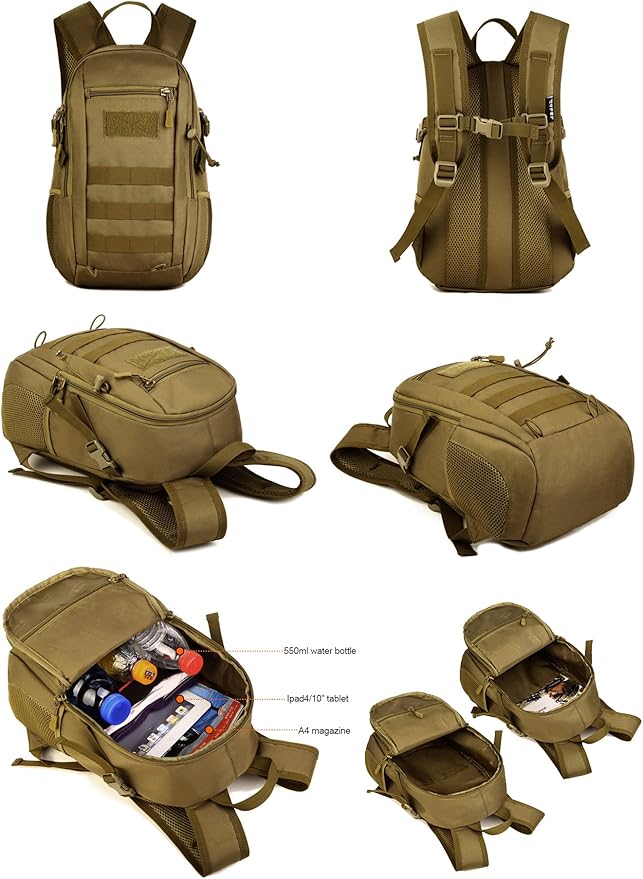 HUNTVP 10L Tactical Backpack Small Backpack Mini Daypack Military MOLLE Rucksack Gear Tactical Assault Pack Bag for Hunting Camping Trekking(10L-Desert Camouflage)