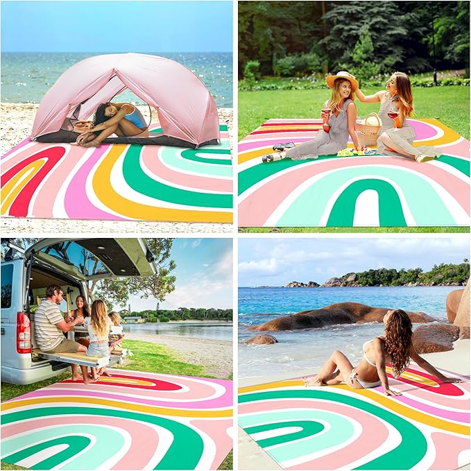 Beach Blanket, Waterproof Sandproof Beach Mat with 4 Stakes & 4 Pockets, 78''×86'' Large Compact Lightweight Sand Free Outdoor Essentials for Beach, Picnic, Travel, Camping
