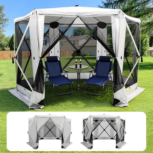 6 Sided Pop Up Gazebo Tent, Outdoor Gazebo with 6 Removable Wind Cloths, Pop-Up Canopy Shelter with Mesh Windows, Quick Set, 11x11 Feet Space, Camping Screen Tent for 8-10 Person Foldable