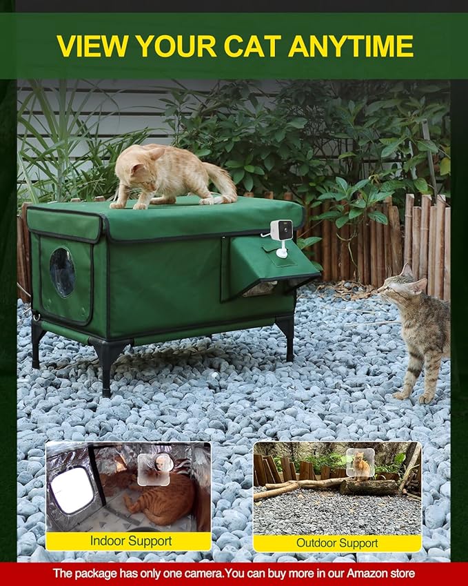 Outdoor Heated Cat House in Winter,Extremely Insulated & Weatherproof,Elevated Feral Cat Shelter with Waterproof Eaves & Escape Door for Outside Stray Barn Cat (Army Green,S)