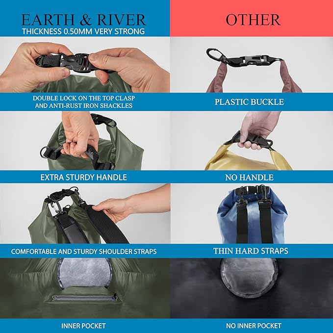 EARTH&RIVER Premium Dry Bag Backpack, Extra Thick, Protection for All Water Activities & Camping, Floating Lightweight Dry Bag with Inside Pocket Storage & IPX8 Waterproof Phone Case (Army Green, 20L)