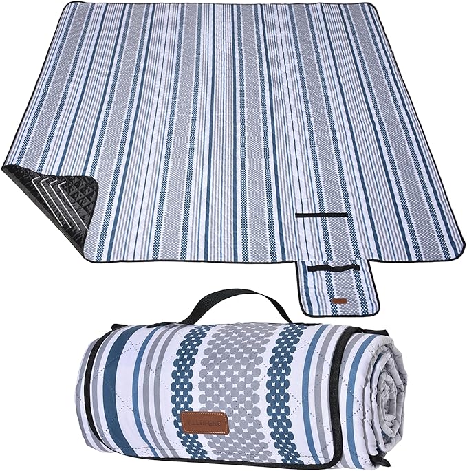 Oversized Waterproof Picnic Mat, Suitable for Camping, Outdoor, Beach, Party and Concert. (Dark Blue & Gray, 80" * 80")