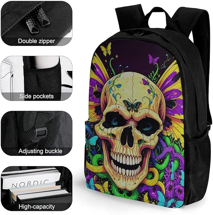 Men Women Lightweight Skull And Butterflies Backpack Large Capacity Carry On Bag With Padded Straps for Sports Work Walking Cycling