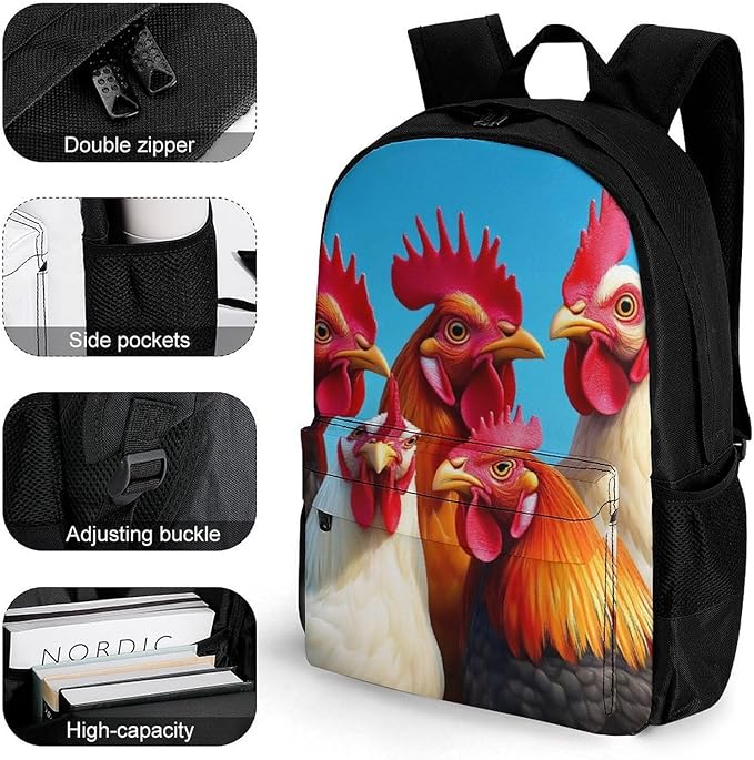 Supdreamc Polyester Daypack for Camping Travel Walking Cycling, Big Capacity Anti-Theft Multipurpose Bookbag, Roosters Animals Funny Chicken Camping Outdoor Backpack