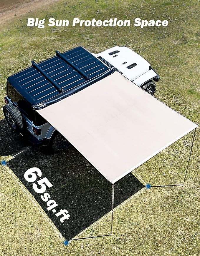 JOYTUTUS Vehicle Awning 6.6'x8.2' Roof Rack Pull-Out Sun Shade UV50+, Weatherproof 4x4 Side Sunshade for Camping, Car Awning with Adjustable Hardware, Quick Set-up, SUV/Truck/Van/Jeep