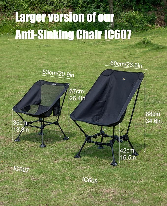 iClimb Two-Heights Light Compact Comfortable Camping Folding Beach Chair with Anti-Sinking Large Feet and Carry Bag