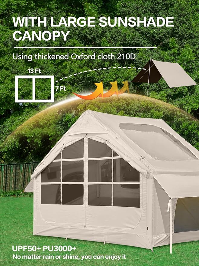 Inflatable Camping Tent,2/4/6/8 Person Glamping Inflatable Tents with Awning, Quick Setup Blow Up Tents with Pump, Waterproof Oxford Inflatable House for Camping, Air Glamping Hot Tents for Adult