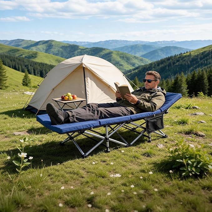 Slsy Oversized XXL Camping Cot with 2" Memory Foam Mattress, Upgraded Padded Folding Cot Bed with Carry Bag, Portable Sleeping Cot for Camping, Travel, Beach & Hiking