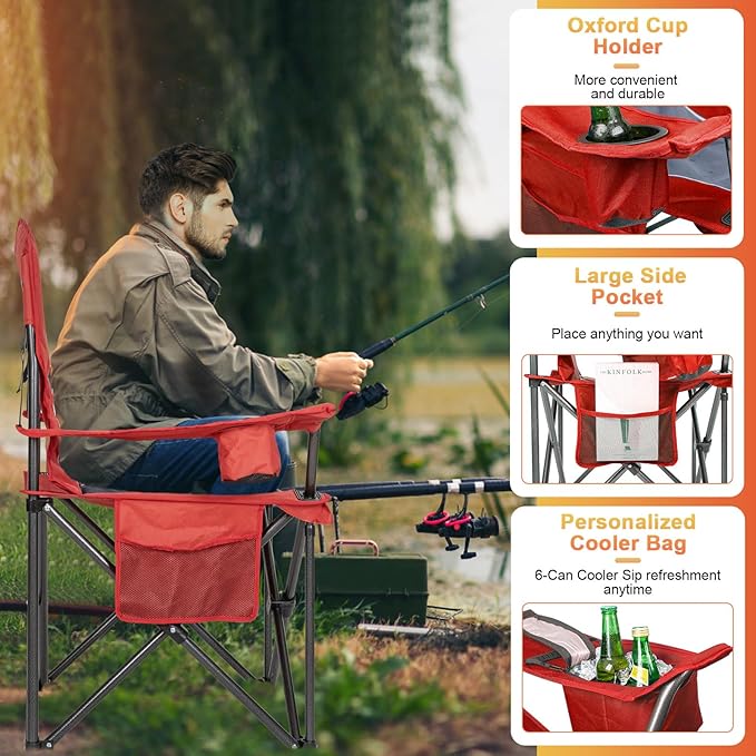 Romswi Oversized Camping Chairs,Heavy Duty Support 500 LBS,Padded Back & Arm Sport Chairs, Cup Holder Cooler Bag, Collapsible Folding Chairs for Outdoor, Fishing & Garden, Red,2-Pack