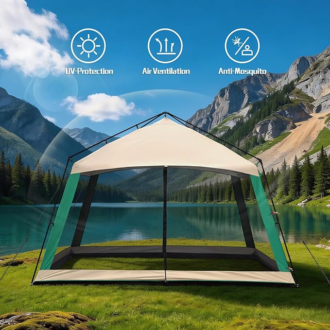 12 x 12 FT Camping Screen Tent for 8-10 Person, Easy Setup Screen House with UV 50+ Sun Protection & Mosquito Net for Camping, Backyard, Picnic, Patio Outdoor Beige & Cyan