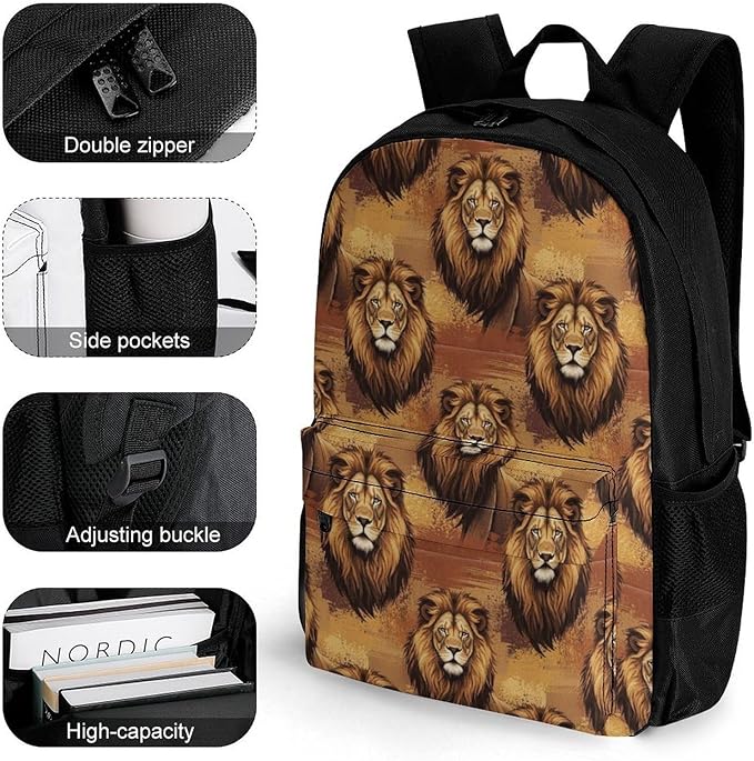 Lightweight Backpack for Gym Travel Bicycle, Big Capacity Multipurpose Anti-Theft Carry On Bag, Lions Animal King Travel Hiking Bag Day Pack