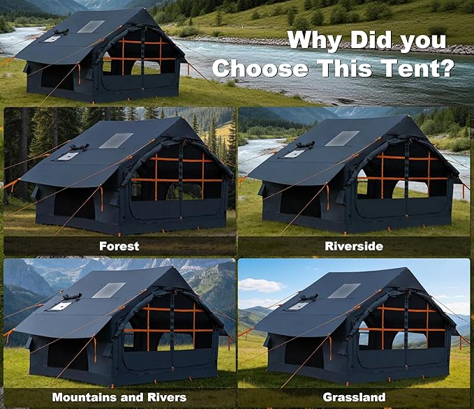 Inflatable Tents for Camping with Stove Jack, 2/4/6/8 Person Easy Setup Blow Up Tents for 4 Seasons Waterproof Inflatable Camping Tent with Awning, Air House Glamping Tents for Camping Adult