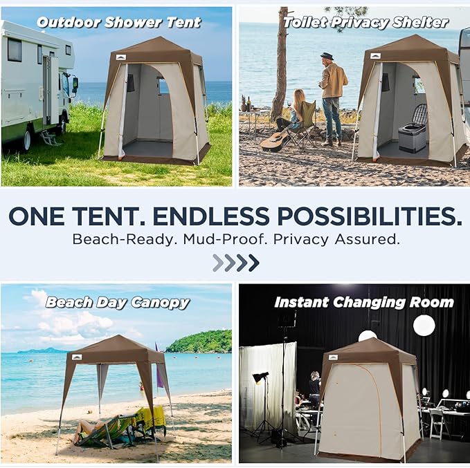 EAGLE PEAK 5x5 Pop Up Privacy Tent with Ground Mat, Portable Changing Room & Outdoor Shower Tent, Portable Canopy for Camping, Pool, Photoshoots or Toilet Shelters 6x6 Base 5x5 Top (Beige/Brown)