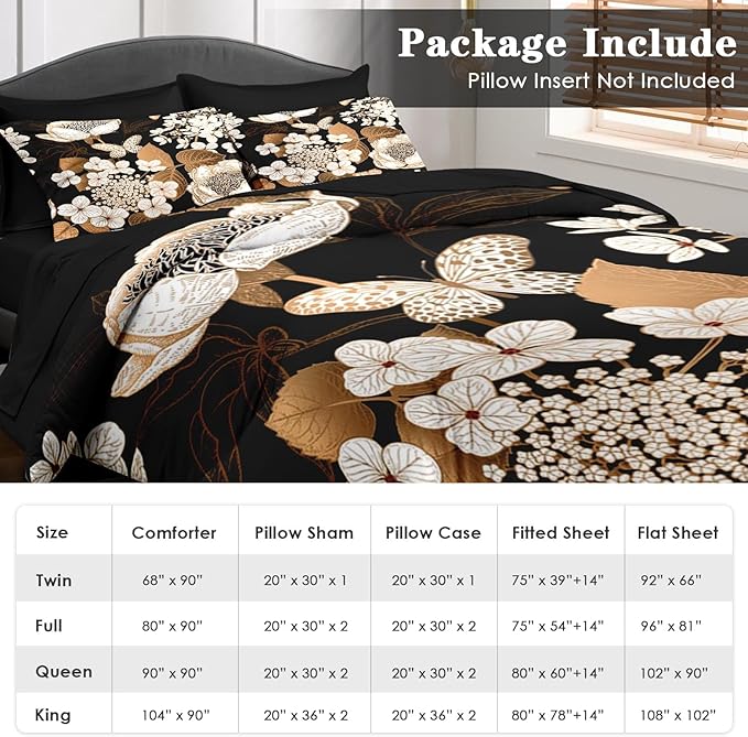 Comforter Set Queen Size, Hydrangea Butterfly Flower 7 Pcs Bedding for Kids and Adults, Black Gold Bed Sheet Sets with Fitted Sheet 2 Pillowcase & 2 Sham for Bedroom Bed Decor