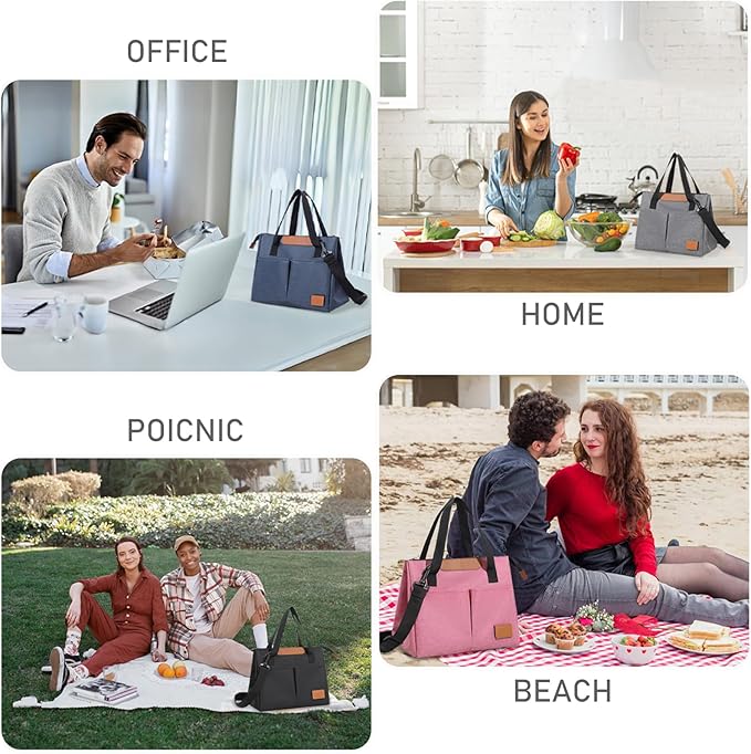 Lunch Bag Women Insulated Lunch Box Reusable Leakproof Large Spacious Cooler Tote for Women Men Adult with Removable Adhesive Decoration for Work Office Travel Picnic